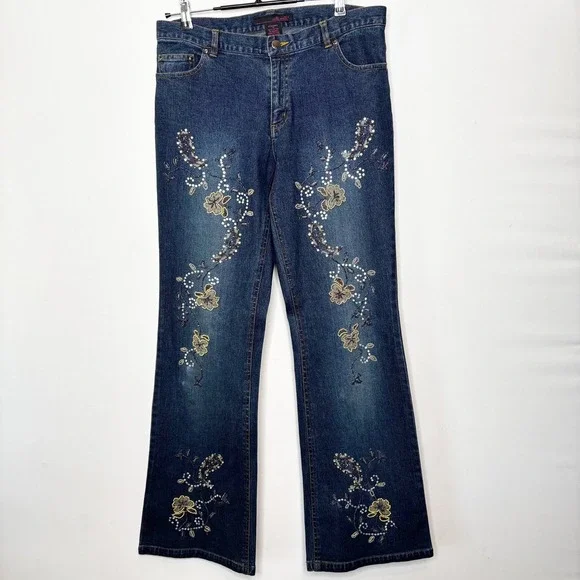 Willi‎ Smith Floral Embroidered Beaded Flare Jeans Size 12 Mid Rise Y2K Boho - Picture 10 of 10